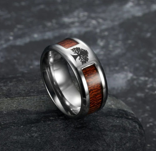 Asgard Crafted Handcrafted Stainless Steel Celtic Tree Of Life And Wood Inset Wedding Ring