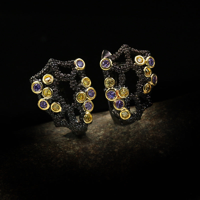 Hollow Rhombus Diamond-studded Flower Earrings