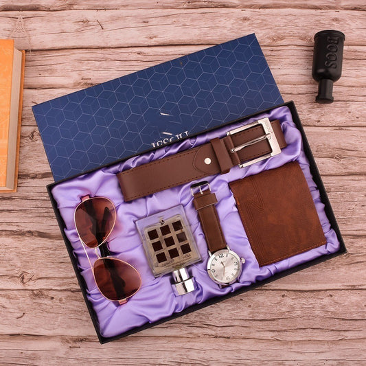 Men's Watch Sunglasses Wallet Perfume Belt Set Gift Box