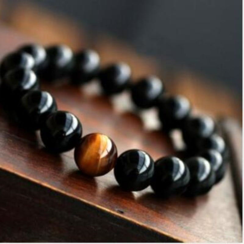 Natural Black Onyx With Stone Tiger Eyes Energy Bracelet