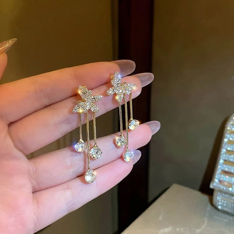 Shiny Butterfly Rhinestone Drop Dangle Earrings