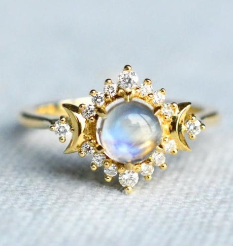 Gold Triple Goddess Moon Ring with Moonstone and Moissanite
