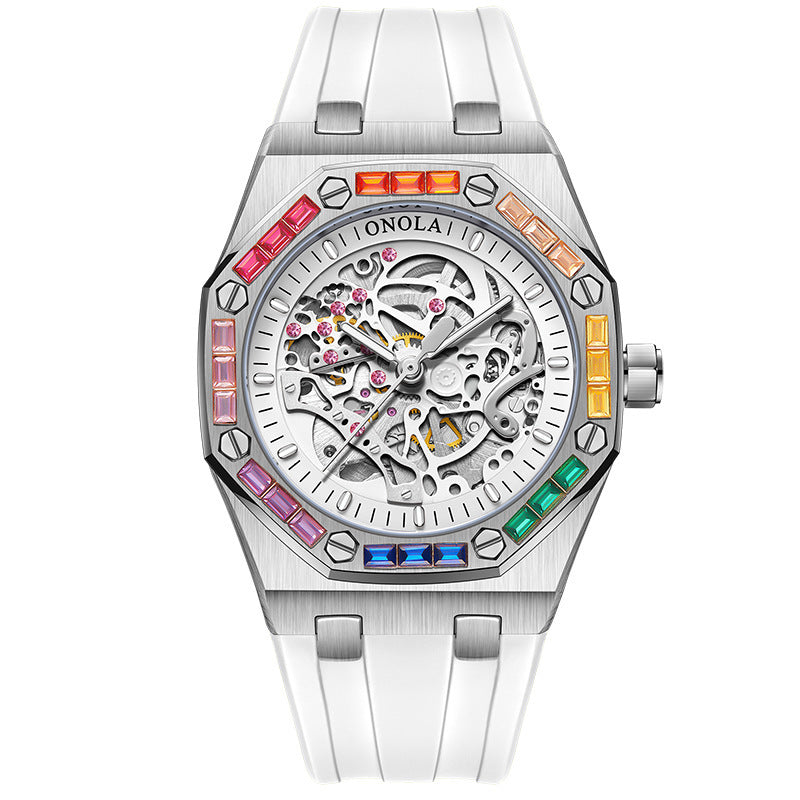 Men's Silicone Band Rainbow Diamond Automatic Mechanical Watch