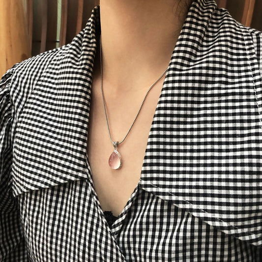 S925 Silver Powder Crystal Pendant Necklace Women's All-match Drop-shaped Ice-like Ross Quartz Clavicle Chain