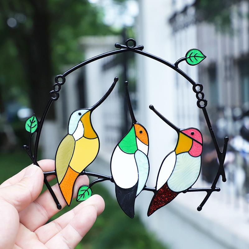 Metal Stained Bird Panel Glass Window Hanging Wall Decor Parrot Birds Art Pendant Wind Chimes Bird Ornaments Home Ornaments