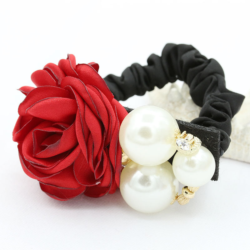 Fashion Big Pearl Rose Flower Hair Tie Camellia Head Rope