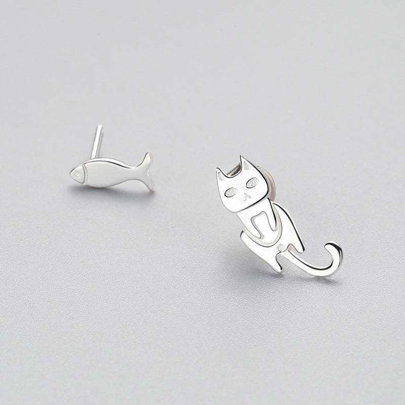 Fashion Asymmetry 925 Sterling Silver Stud Earrings Animal Fish Cat Stud Earrings for Women Personality Jewelry Gifts