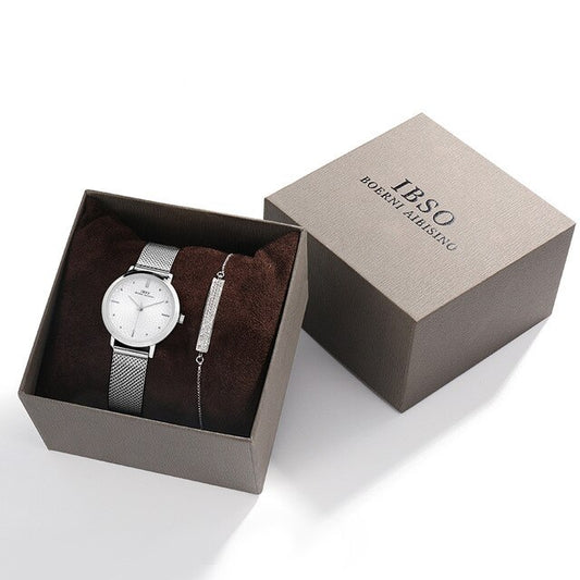 IBSO-Women Quartz Watch Set 8mm Thin Silver Mesh Stainless Steel Bracelet Quartz Clock Set Ladies Birthday Gift