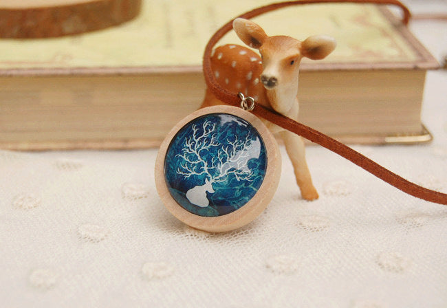 Handmade Wood Glass Deer Necklaces