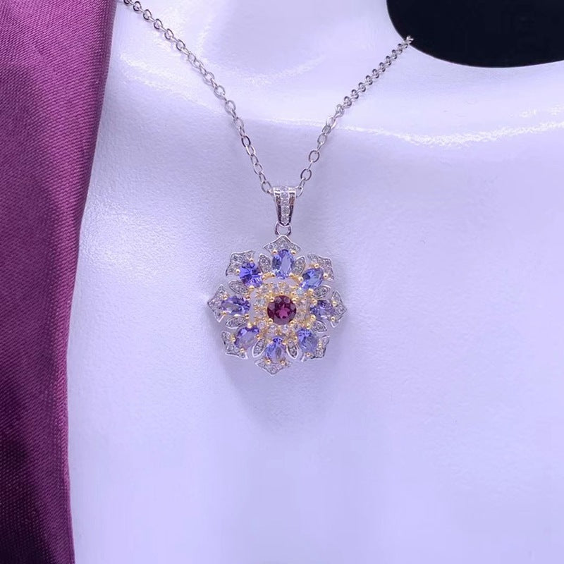 Natural Tanzanite Pendant 925 Silver Inlaid Diamond Necklace