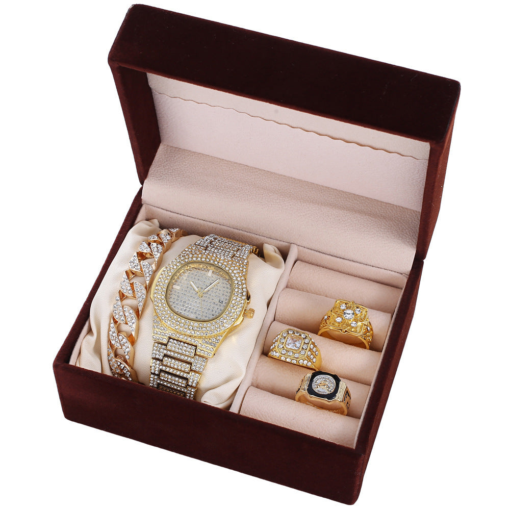 Send Father Diamond-set Calendar Disc Watch Bracelet Ring Fashion Temperament Set Gift Box