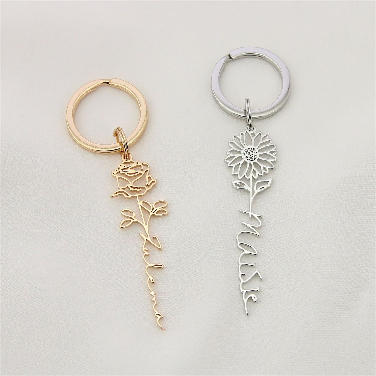 Creative DIY Personalized Stainless Steel Birthday Flower Keychain