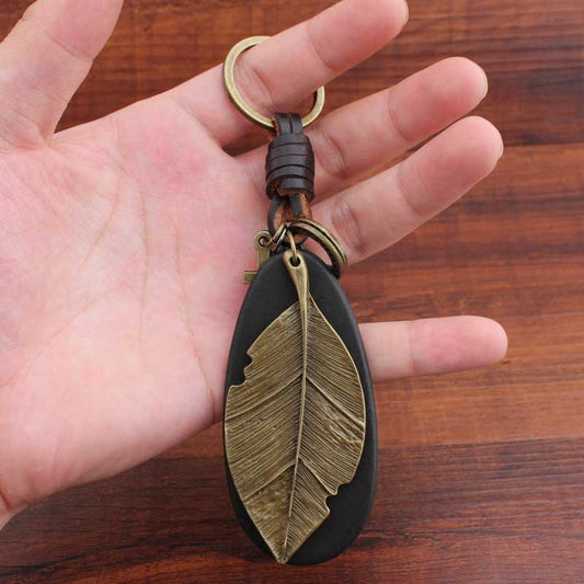 Pure Handmade Cowhide Leaf Keychain Retro Creative