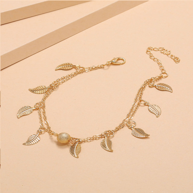 Frosted Round Beads, Small Leaves And Tassel Feet With Double-Layer Anklets