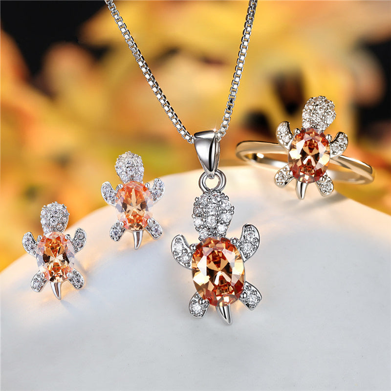 Elegant Oval Zircon Turtle Necklace with Rainbow Stone