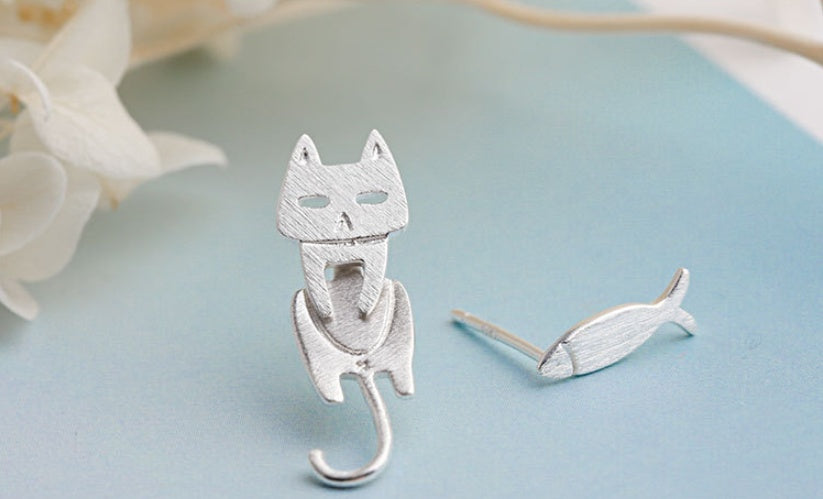 S925 Sterling Silver Stud Earrings Fashion Detachable Cat Fish Pin Studs Cute Comet Silver Earrings