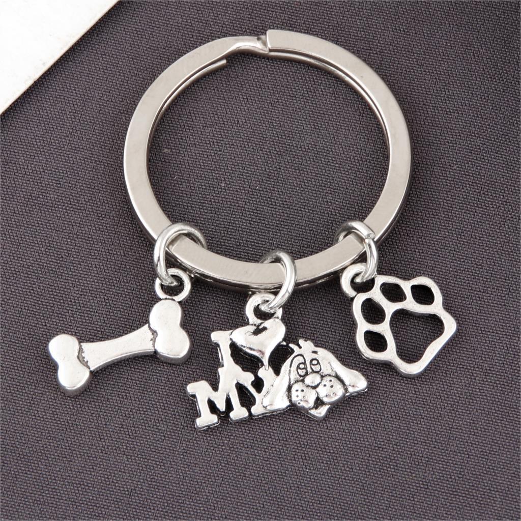 Pet I Love My Dog Bone Paw Keychain