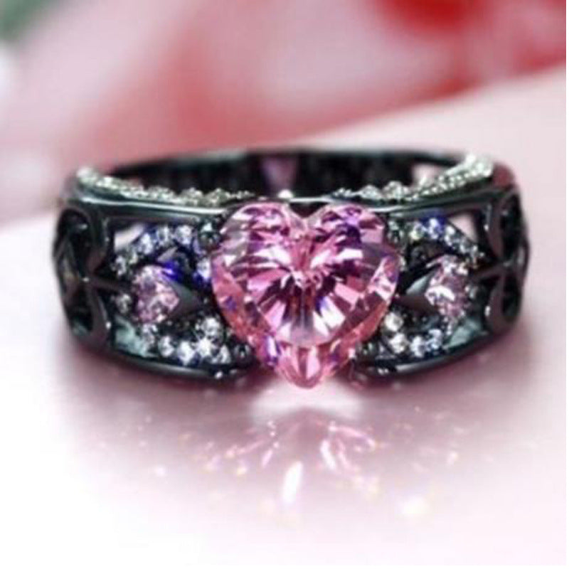 Creative Design For The Amazon. Europe And The United States Princess Diamond Ring Heart-shaped Ruby Engagement Lady Black Gold Ring