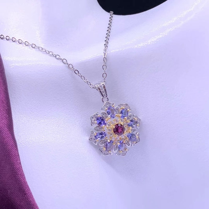 Natural Tanzanite Pendant 925 Silver Inlaid Diamond Necklace