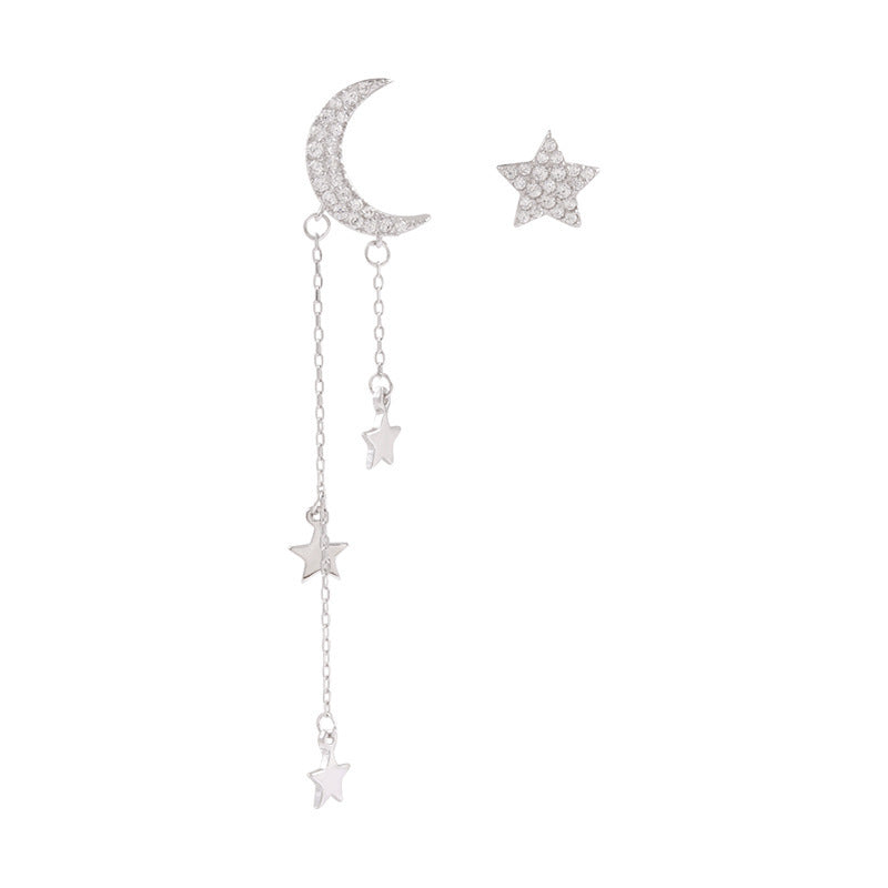 Asymmetrical Star Moon Tassel Sterling Silver Stud Girl