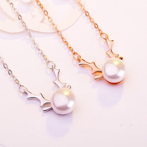 Deer Horn 14k Rose Gold Pearl Necklace