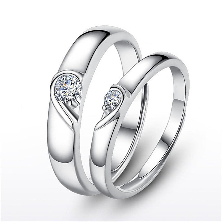 Silver Heart Diamond Couple's Ring
