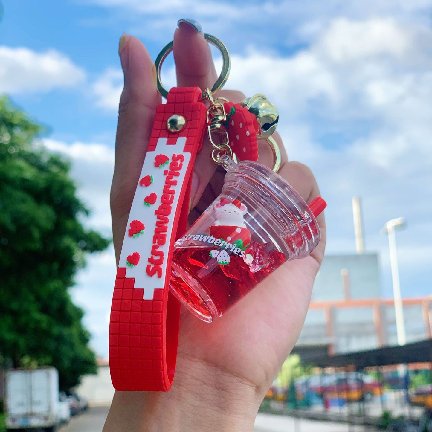 Floating Strawberry Bear Oil Key Chain Pendant