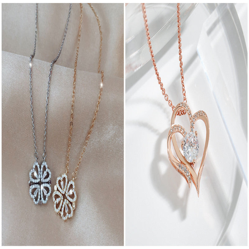 Magnetic Folding Heart-Shaped Four-Leaf Clover Pendant Necklace