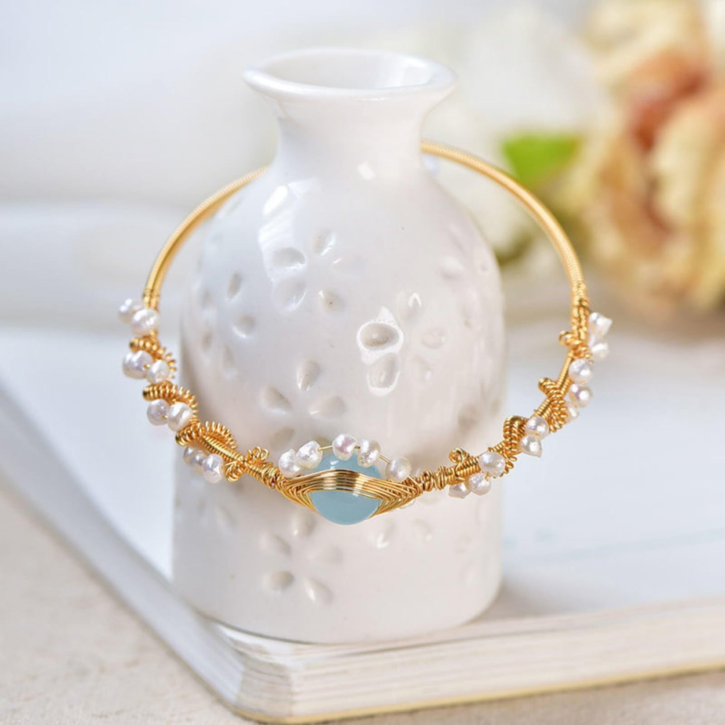 Vintage Gold Wire Braided Pearl Bracelet