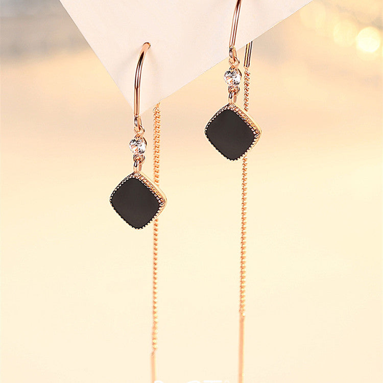 Black Square Tassel Earrings For Women Sterling Silver