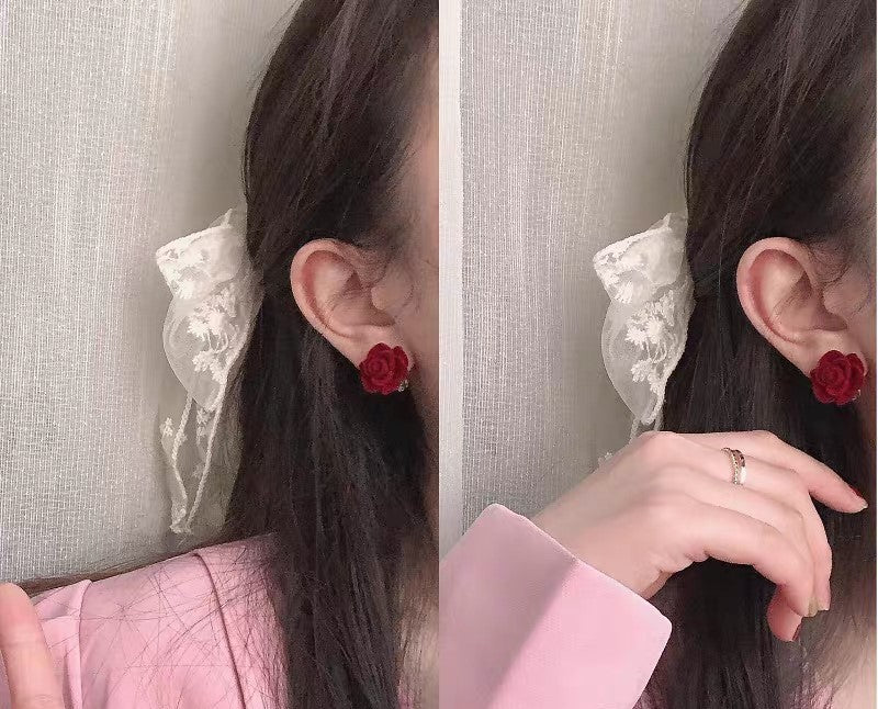 Flocking Wine Red Velvet Flower Rose Temperament Retro Ear Stud Clip