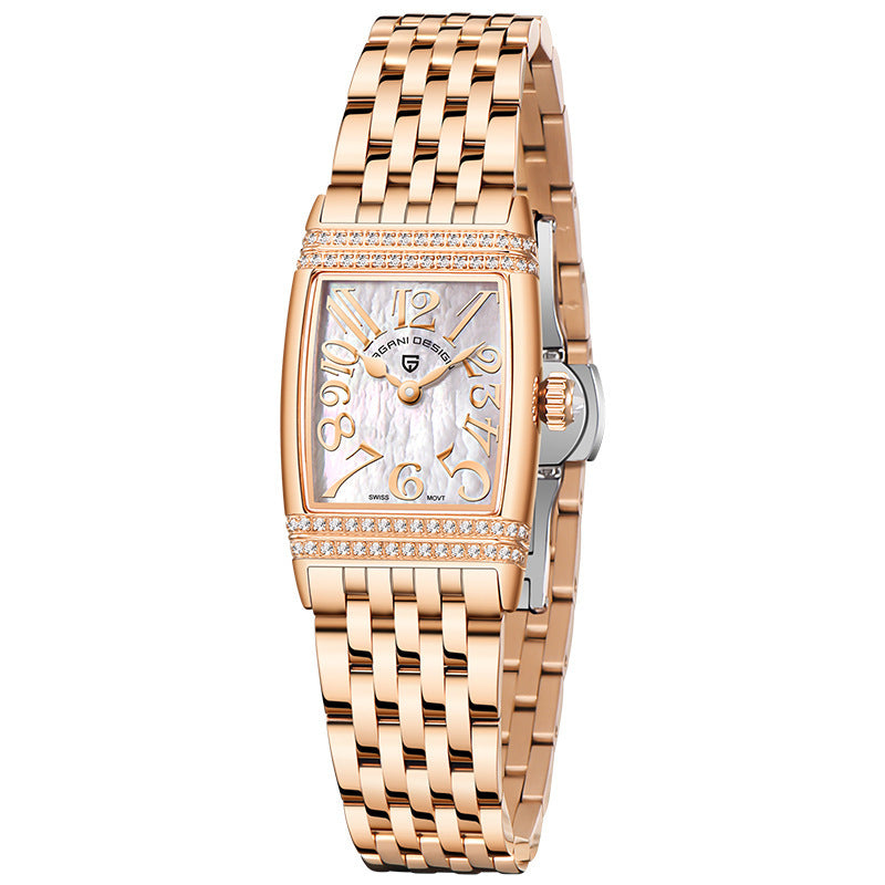 Women's Fashion Shell Face Square Quartz Watch With Diamonds