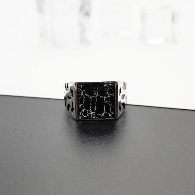 925 Sterling Silver Vintage Men's Rings Adjustable Square Black Stone Flower Pattern Design Male Turkey Jewelry