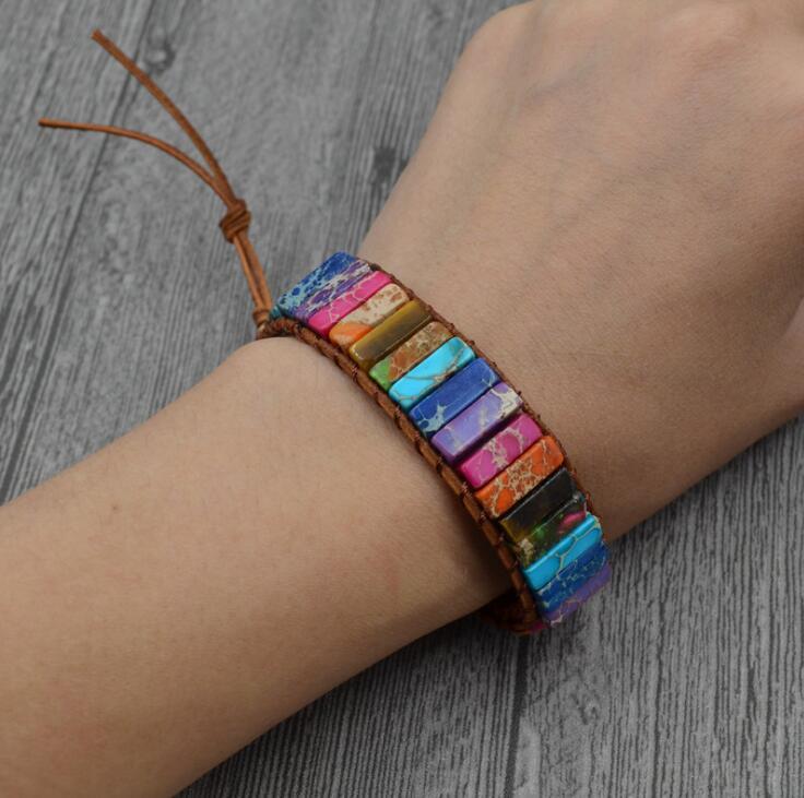 Chakra Bracelet Jewelry Handmade Multi Color Natural Stone Tube Beads Leather Wrap Bracelet Couples Bracelets Creative Gifts