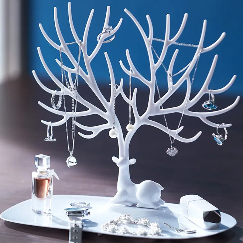 Deer Jewelry Display Stand Earrings Necklace Ring Jewelry Display Tray Jewelr Crystal Handle Antlers Jewelry Display Stand With Storage Drawer And Tray, Tree Tower Rack Hanging Organizer