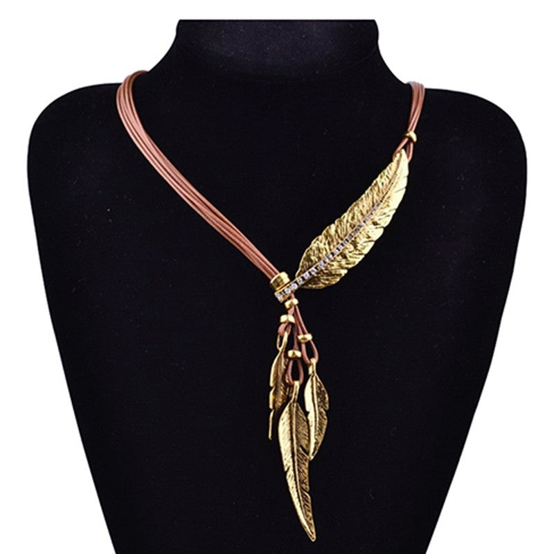 3 Colors Black Rope Multilayer Feather Leaf Tassels Pendant Necklace