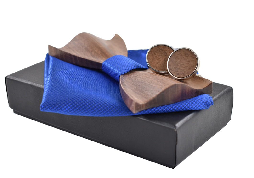 3D Wood Bow Tie Cufflinks Set