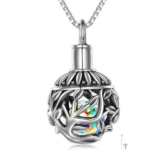 Sterling Silver Tree of Life Urn for Ashes Necklace with Aurora Borealis Crystal