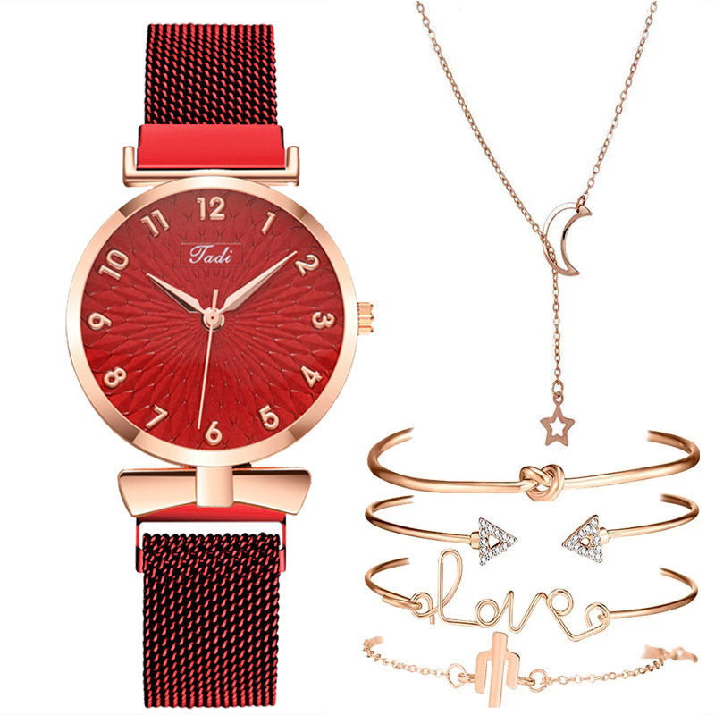 Casual Gift Set Women Disc Mesh Belt Quartz Watch Bracelet Bangle Set 6pcsset