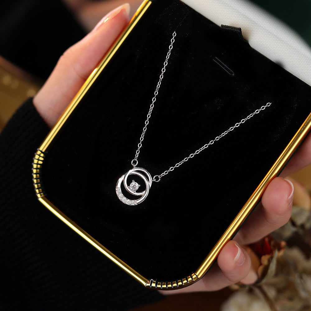 Sterling Silver Double Round Ring Zircon Necklace Female Temperament