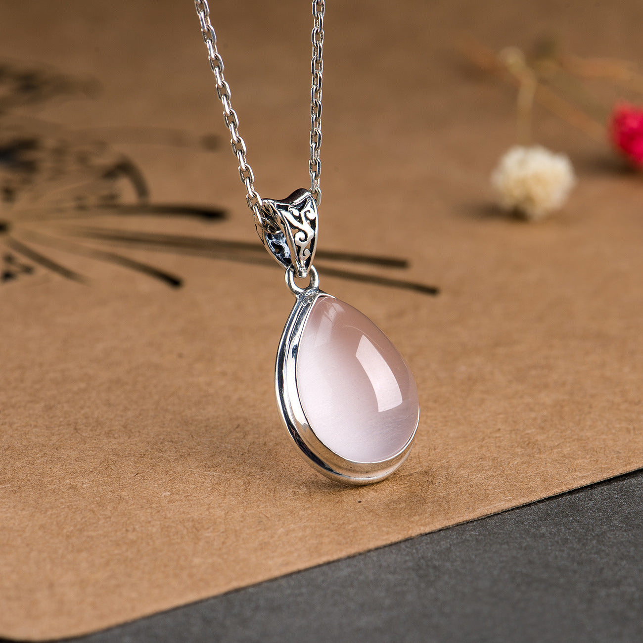 S925 Silver Powder Crystal Pendant Necklace Women's All-match Drop-shaped Ice-like Ross Quartz Clavicle Chain