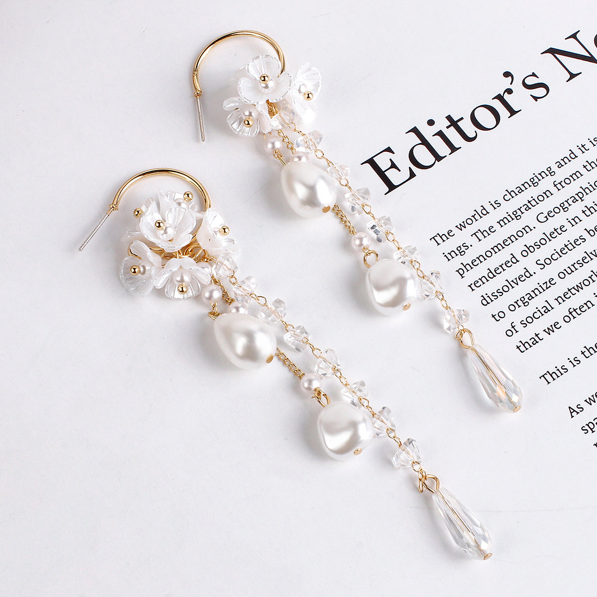 Simulated Pearl & Crystal Flower Petal Drop Earrings