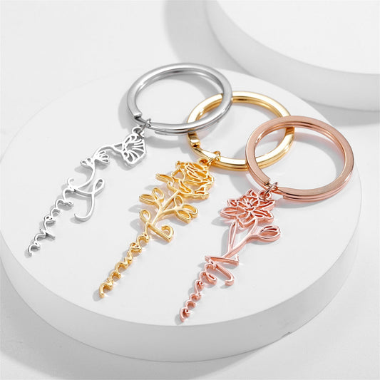 Creative DIY Personalized Stainless Steel Birthday Flower Keychain