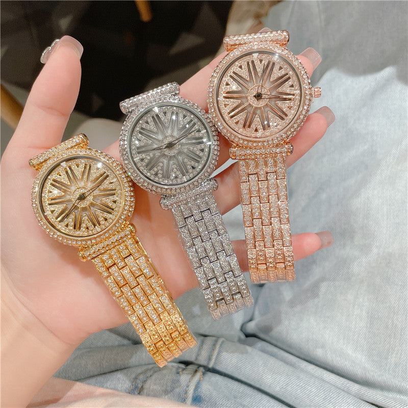 Women's Round Diamond Waterproof Rotation Watch