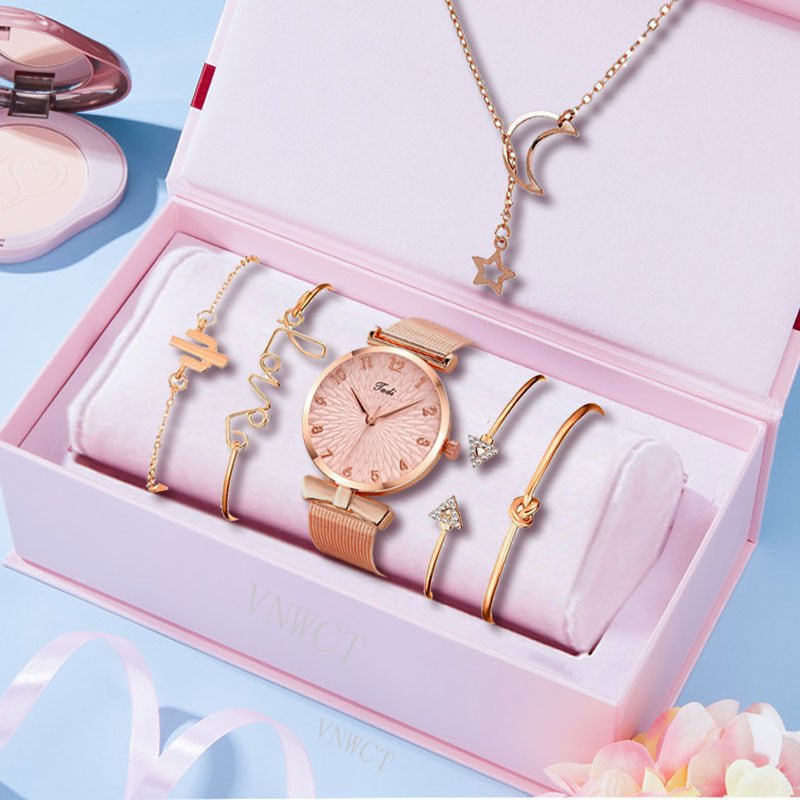 Casual Gift Set Women Disc Mesh Belt Quartz Watch Bracelet Bangle Set 6pcsset