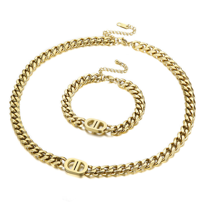 New European And American Gold Thick Chain Necklace Design Fashion Net Red Collarbone Chain Bracelet Set