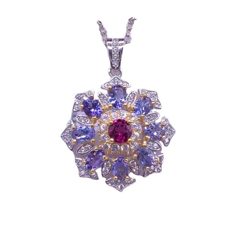 Natural Tanzanite Pendant 925 Silver Inlaid Diamond Necklace