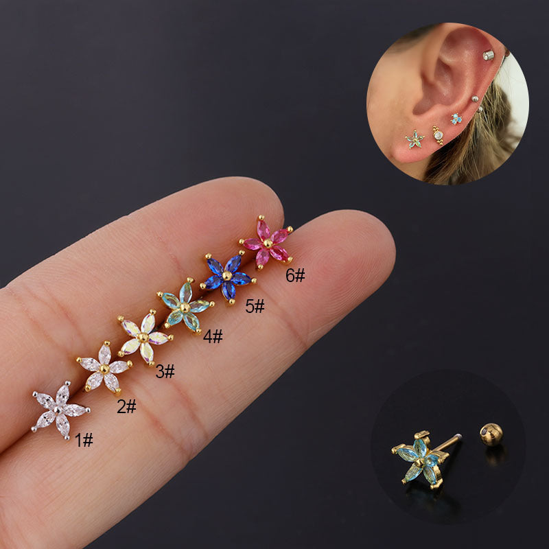 Colorful Zircon Daisy Flower Ear Bone Nail Stainless Steel Thin Rod Puncture Screw Ball