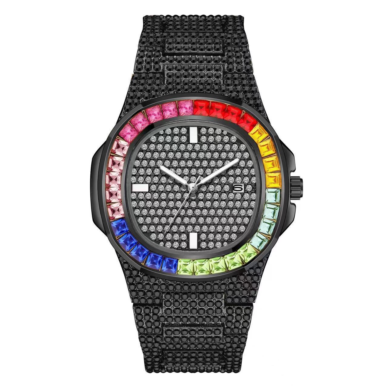 Full Diamond Inlaid Color Diamond Steel Belt Square Belt Calendar Quartz Wrist Watch