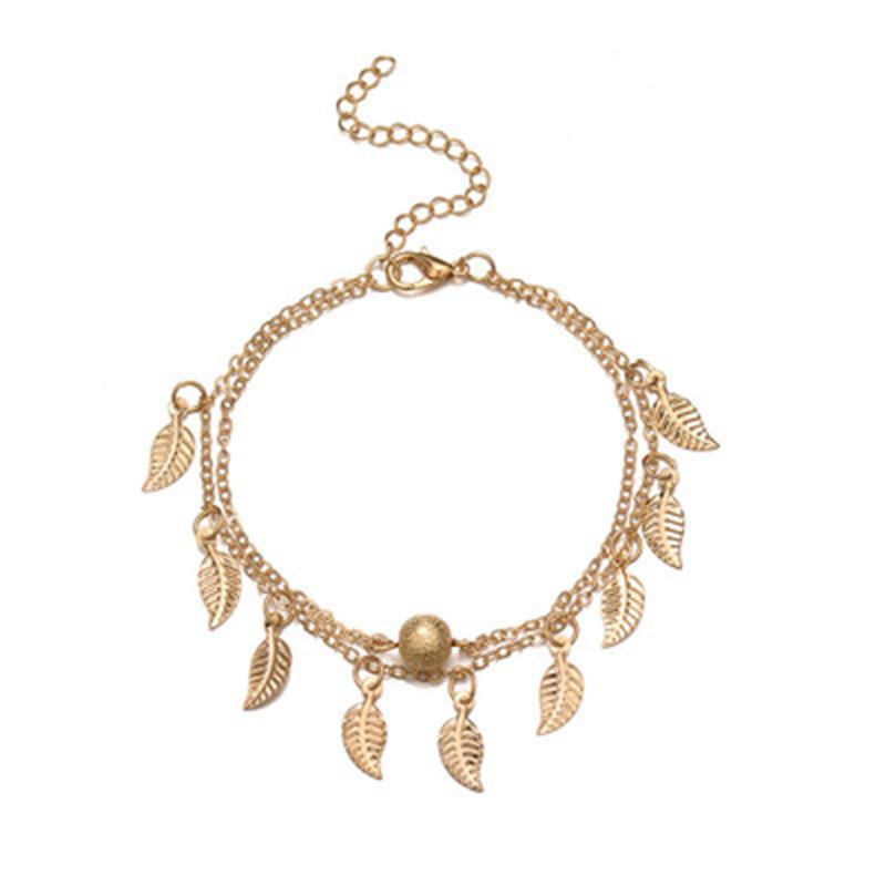 Frosted Round Beads, Small Leaves And Tassel Feet With Double-Layer Anklets